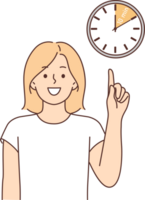 Woman points finger at clock, reminding of break and desire to have time to rest in 10 minutes png