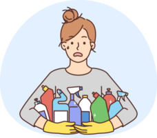 Stressed woman with detergent bottles png