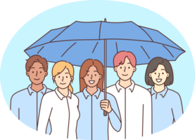 Smiling employees stand together under umbrella png