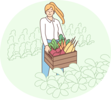 Smiling woman with box of vegetables png