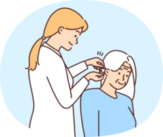 femmina medico installare udito aiuto per vecchio paziente png