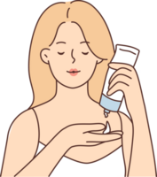 Woman uses facial moisturizer cream and holds tube, squeezing anti-aging lotion into palm png