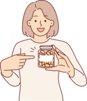 mulher demonstra jarra ômega-3 vitaminas ou peixe óleo projetado para melhorar saúde e imunidade png