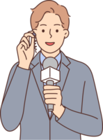 Mann Reporter mit Mikrofon und Hörmuschel informiert Fernseher Zuschauer Über wichtig Nachrichten Leben png