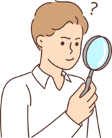 Man with magnifying glass works as private detective and tries to find small clues with loupe png