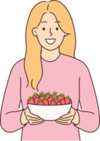 mujer sostiene plato de fresas y sonrisas, ofertas a tratar Fresco bayas y granja frutas png