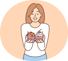 Smiling woman offer cupcakes png