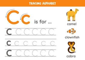 Tracing all letters of English alphabet. Preschool activity for kids. Writing uppercase and lowercase letter c. Printable worksheet. Cute illustration of camel, clownfish, cobra. vector