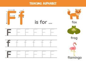 Tracing all letters of English alphabet. Preschool activity for kids. Writing uppercase and lowercase letter F. Cute illustration of frog, flamingo, fox. Printable worksheet. vector