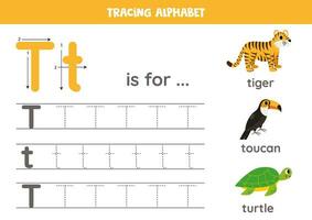 Tracing all letters of English alphabet. Preschool activity for kids. Writing uppercase and lowercase letter t.  Cute illustration of tiger, toucan, turtle.  Printable worksheet. vector