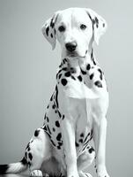 Happy Dalmatian Dog Black and White Monochrome Photo in Studio Lighting
