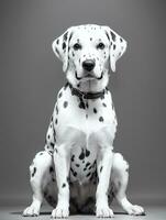 Happy Dalmatian Dog Black and White Monochrome Photo in Studio Lighting