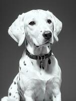 Happy Dalmatian Dog Black and White Monochrome Photo in Studio Lighting