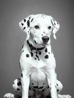 Happy Dalmatian Dog Black and White Monochrome Photo in Studio Lighting