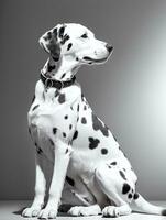 Happy Dalmatian Dog Black and White Monochrome Photo in Studio Lighting