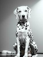 Happy Dalmatian Dog Black and White Monochrome Photo in Studio Lighting