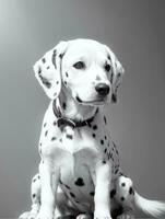 Happy Dalmatian Dog Black and White Monochrome Photo in Studio Lighting