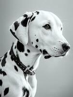 Happy Dalmatian Dog Black and White Monochrome Photo in Studio Lighting