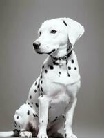 Happy Dalmatian Dog Black and White Monochrome Photo in Studio Lighting