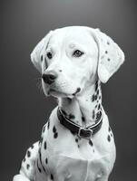 Happy Dalmatian Dog Black and White Monochrome Photo in Studio Lighting