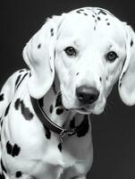 contento dálmata perro negro y blanco monocromo foto en estudio Encendiendo