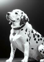 Happy Dalmatian Dog Black and White Monochrome Photo in Studio Lighting