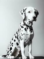 Happy Dalmatian Dog Black and White Monochrome Photo in Studio Lighting