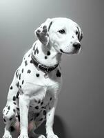 Happy Dalmatian Dog Black and White Monochrome Photo in Studio Lighting