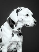 contento dálmata perro negro y blanco monocromo foto en estudio Encendiendo