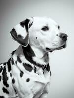 contento dálmata perro negro y blanco monocromo foto en estudio Encendiendo
