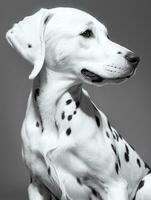 Happy Dalmatian Dog Black and White Monochrome Photo in Studio Lighting