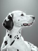 Happy Dalmatian Dog Black and White Monochrome Photo in Studio Lighting