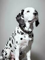 Happy Dalmatian Dog Black and White Monochrome Photo in Studio Lighting