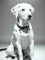 contento dálmata perro negro y blanco monocromo foto en estudio Encendiendo