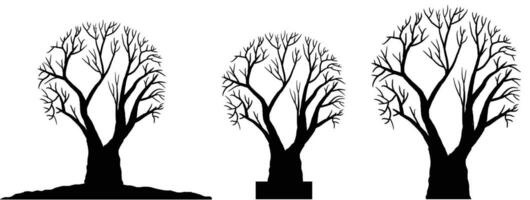 silhouette of dead tree vector illustration. silhouette of trees and branches without leaves. Bare Tree silhouette. Black Branch Tree vector. silhouette of a bare tree.