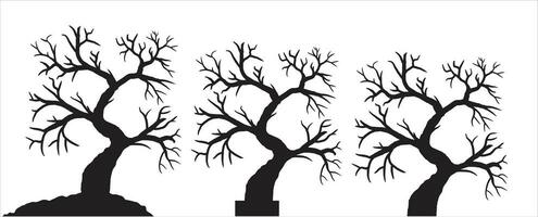 silhouette of dead tree vector illustration. silhouette of trees and branches without leaves. Bare Tree silhouette. Black Branch Tree vector. silhouette of a bare tree.