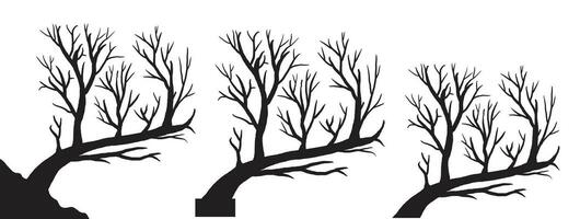 silhouette of dead tree vector illustration. silhouette of trees and branches without leaves. Bare Tree silhouette. Black Branch Tree vector. silhouette of a bare tree.