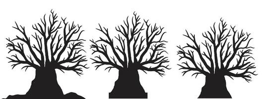 silhouette of dead tree vector illustration. silhouette of trees and branches without leaves. Bare Tree silhouette. Black Branch Tree vector. silhouette of a bare tree.