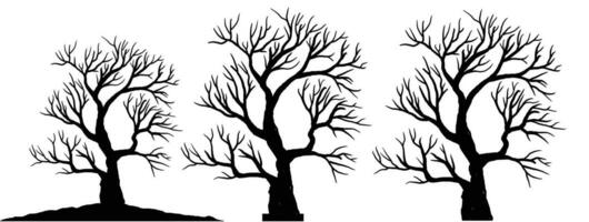 silhouette of dead tree vector illustration. silhouette of trees and branches without leaves. Bare Tree silhouette. Black Branch Tree vector. silhouette of a bare tree.