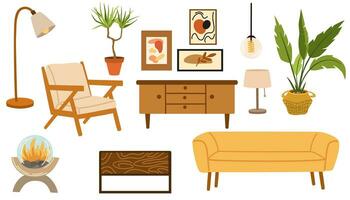 vivo habitación interior plano estilo hogar elementos conjunto aislado en blanco. vector sofá, sillón, estantes, decoración, plantas ilustración