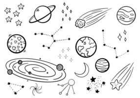 Space vector doodle set of illustrations with planets and stars, meteor, constellation, galaxy