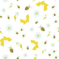Honey sots, bees and flowes vector seamless pattern, background, wallpaper, print