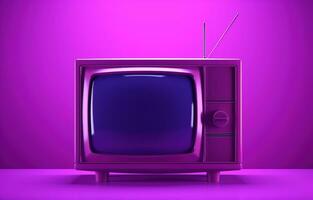 Old tv in pink blue gradient neon light.  Retro colorful image. Old tv neon Generative AI photo