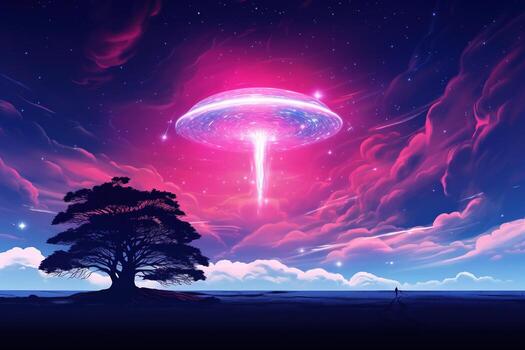 paisaje antecedentes árbol con un vistoso fractal nebulosa. generativo ai foto