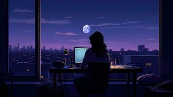 el niña es sentado a el escritorio en dormitorio interior con ciudad noche ver desde ventana. habitación dibujos animados estilo. generativo ai foto