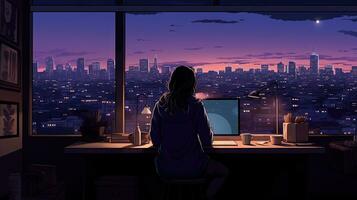 The girl is sitting at the desk in bedroom interior with city night view from window. Room cartoon style. Generative AI photo