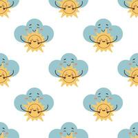 Seamless pattern sad cloud hugging the sun , overcast vector