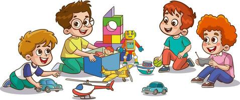 vector ilustración de linda niños en el jardín de infancia jugando con juguetes