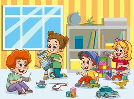 vector illustration of cute children in the kindergarten playing with toys