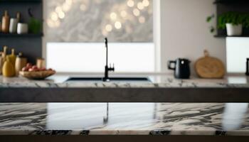 Black and white marble kitchen tabletop with copy space for product display against blurred kitchen background, Generative Ai photo